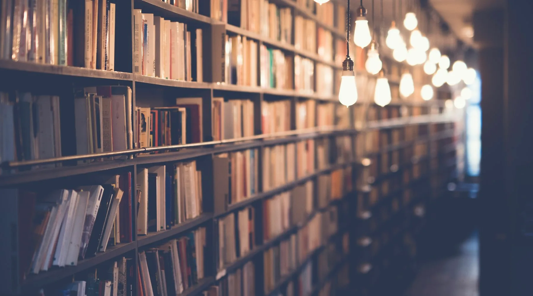 Culoar de librărie cu rafturi de cărți și becuri calde, lectură după Enigma Otiliei